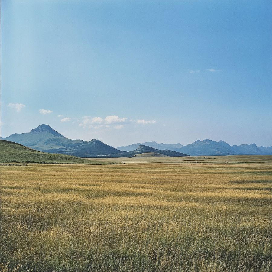 wide grassy fields with mountains on the horizon