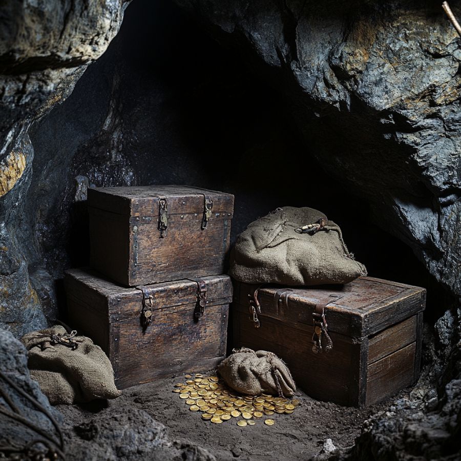 wooden chests and burlap sacks with gold coins in a cave