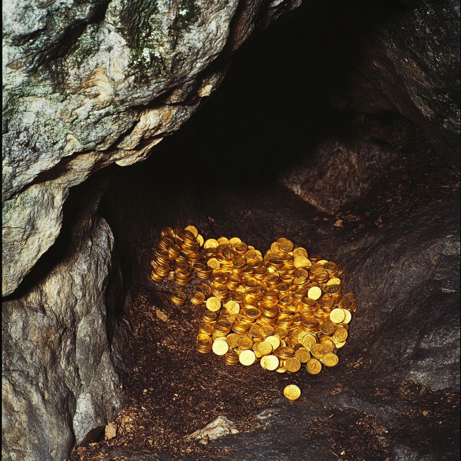 coins scattered on the ground in a cave