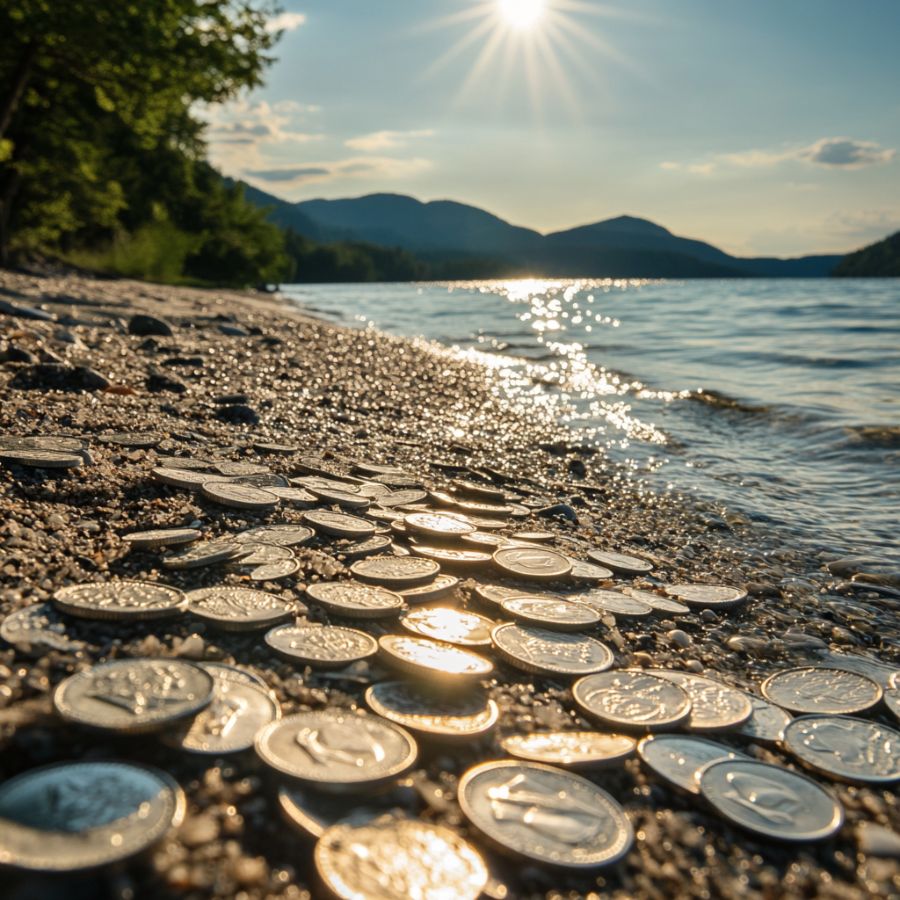 silver coins scattered on the shores of a lake