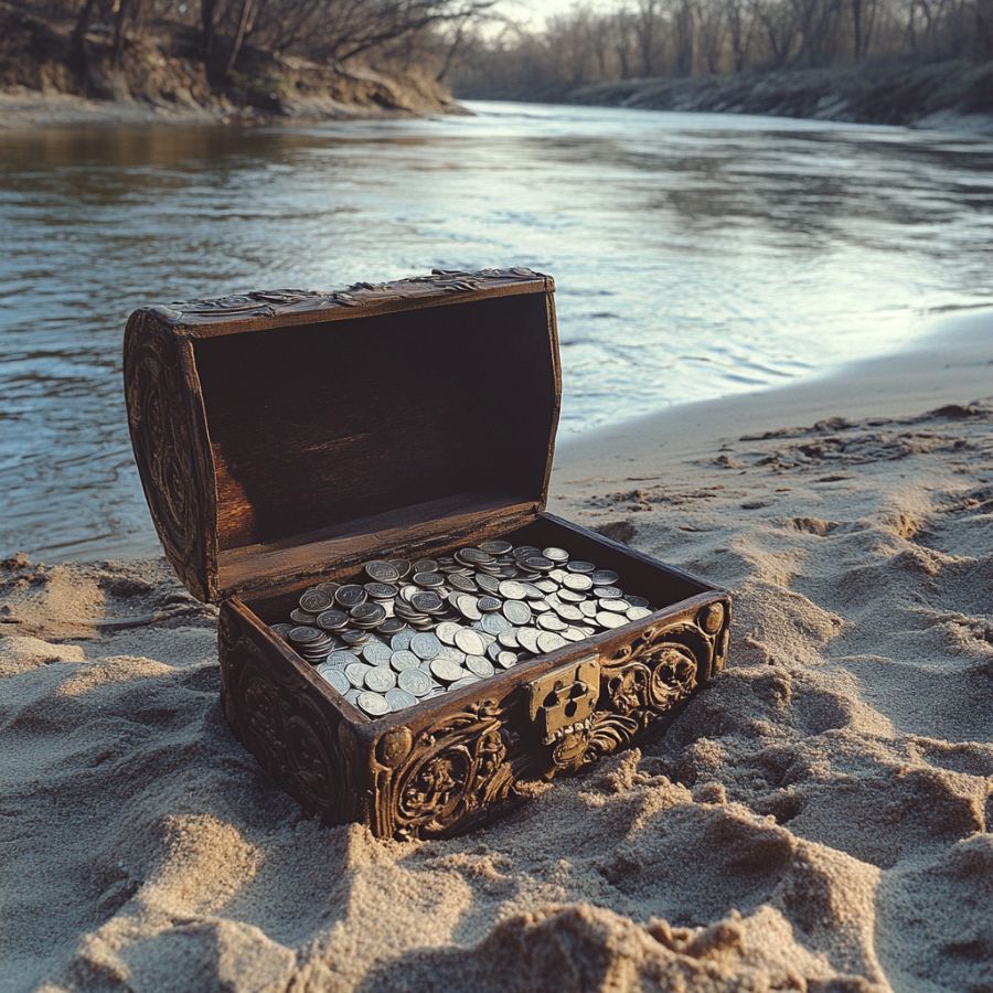 wooden chest filled with silver coins on a sandy riverbank