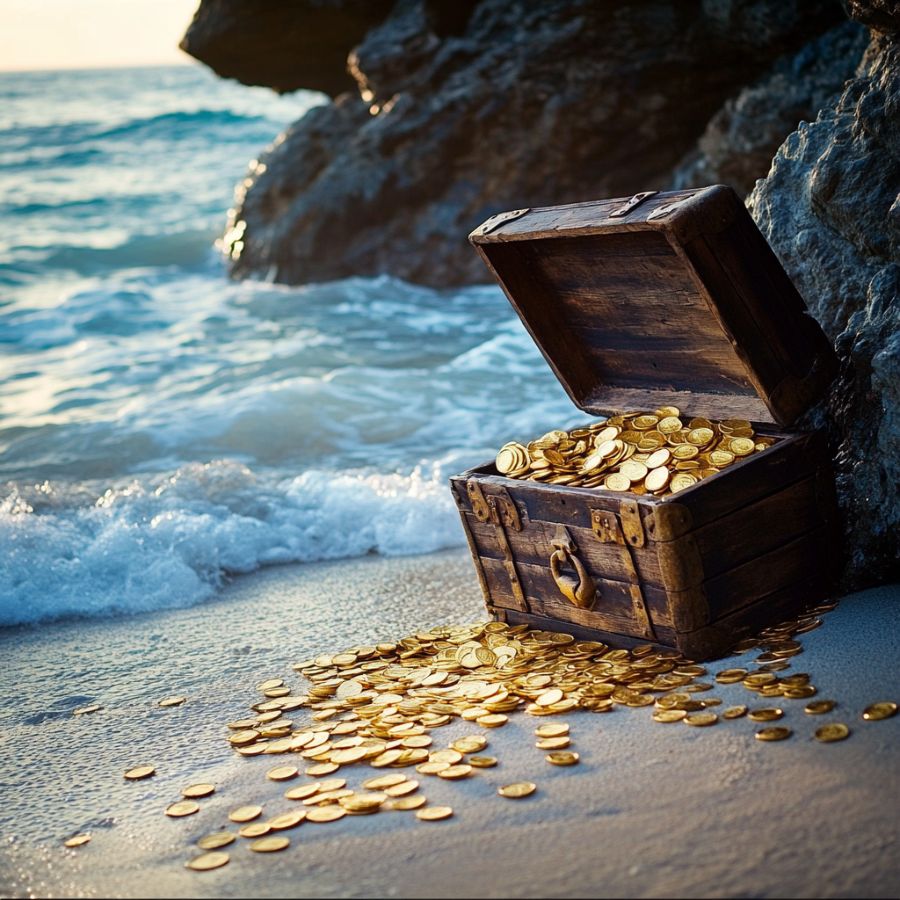 wooden chest full of gold coins on a beach