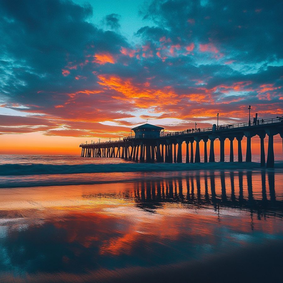 a beach pier in the sunset