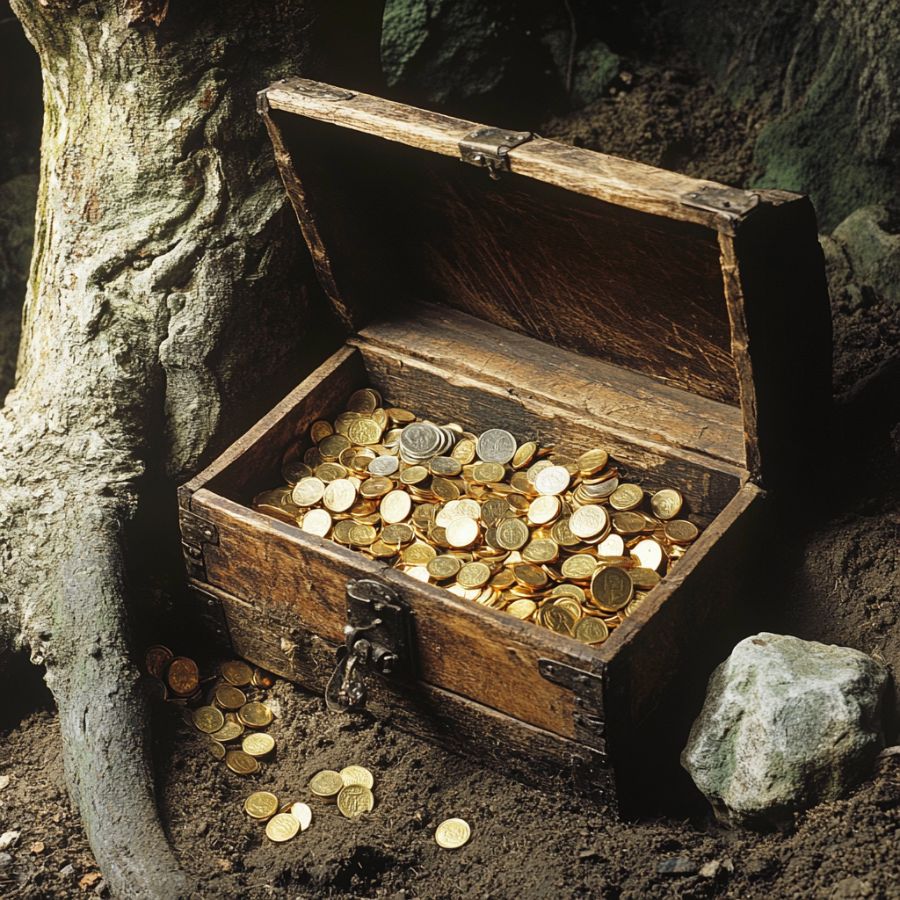 wooden chest filled with gold and silver coins