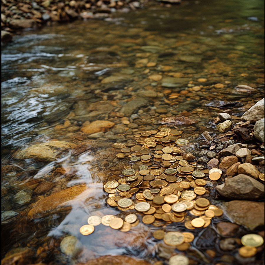 gold coins scattered on a creek bed