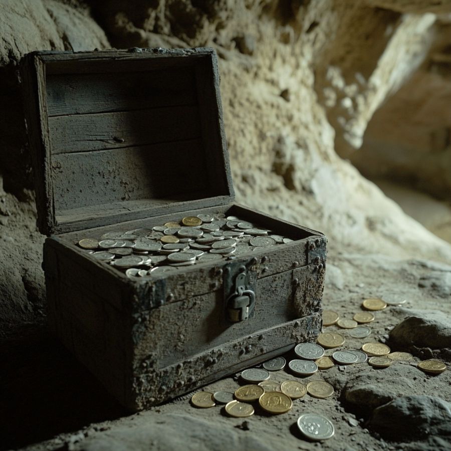 dusty wooden chest full of gold and silver coins in a cave