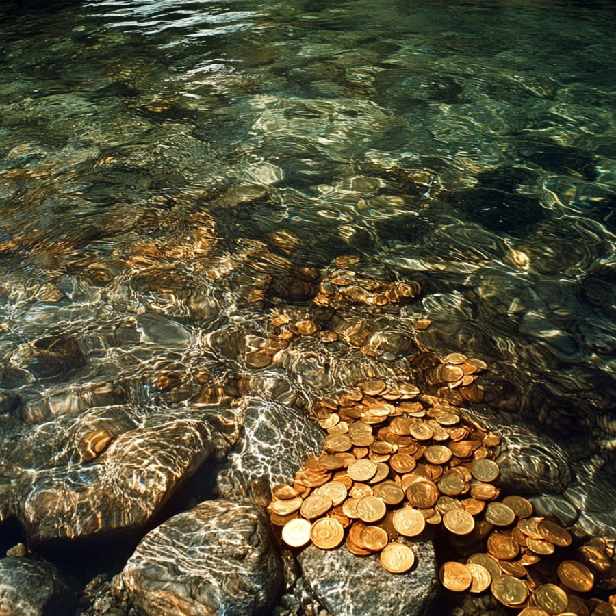 gold coins scattered among the rocks in a creek