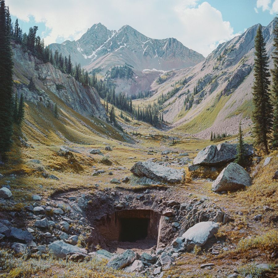 entrance to a mine among mountain slopes