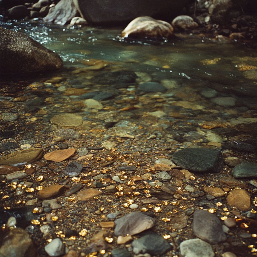 gold flakes among the rocks in a creek