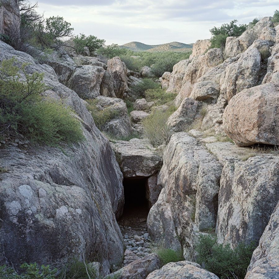 entrance to a mine hidden among rocks