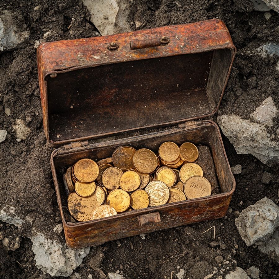 gold coins in a rusted metal box