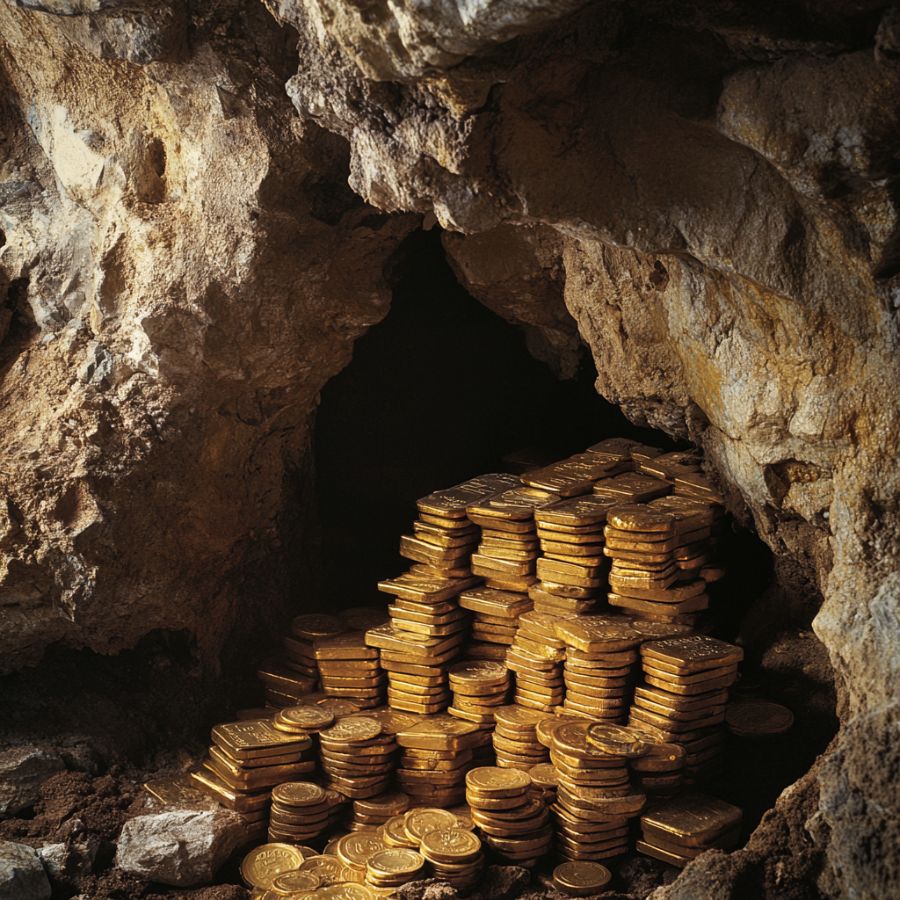 stacks of gold and silver coins in a rock crevice