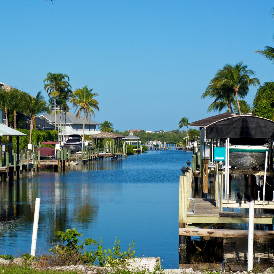 waterway lined by houses and docks