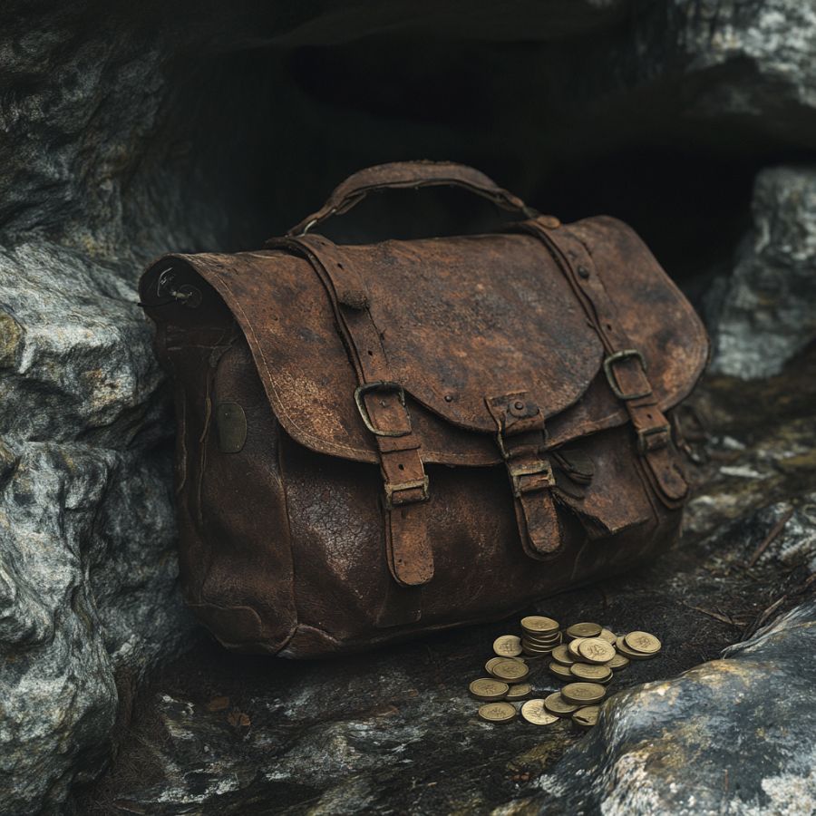 brown leather bag on rocks with gold coins