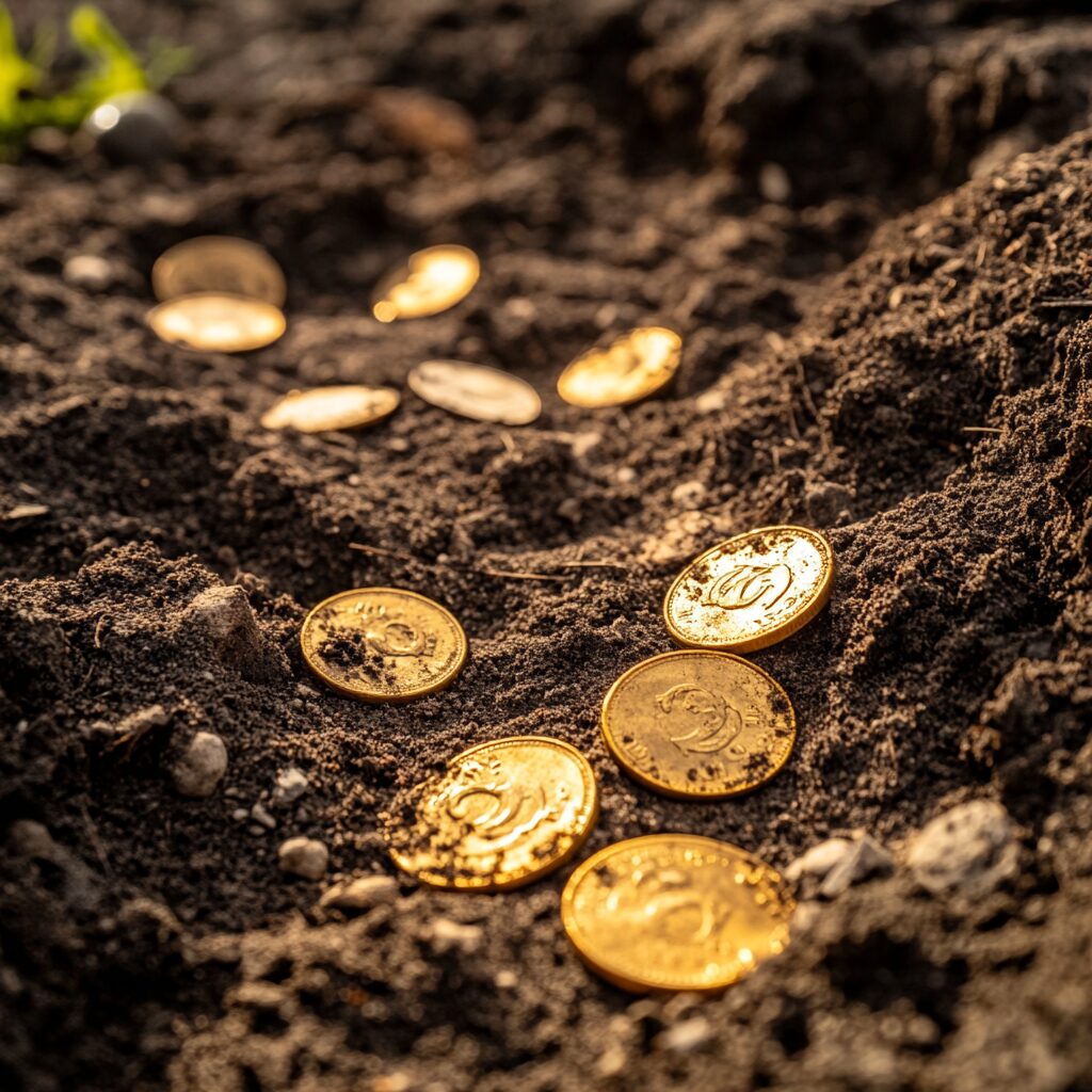 gold coins on loose dirt