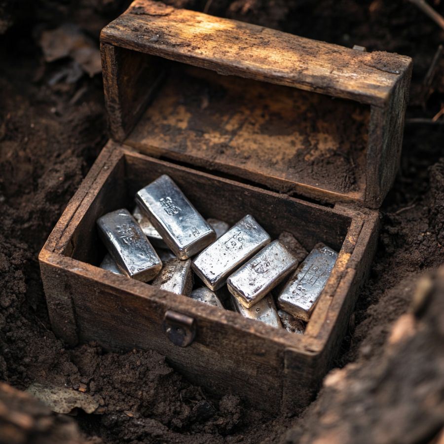 silver bars in an old wooden chest half-buried in the dirt