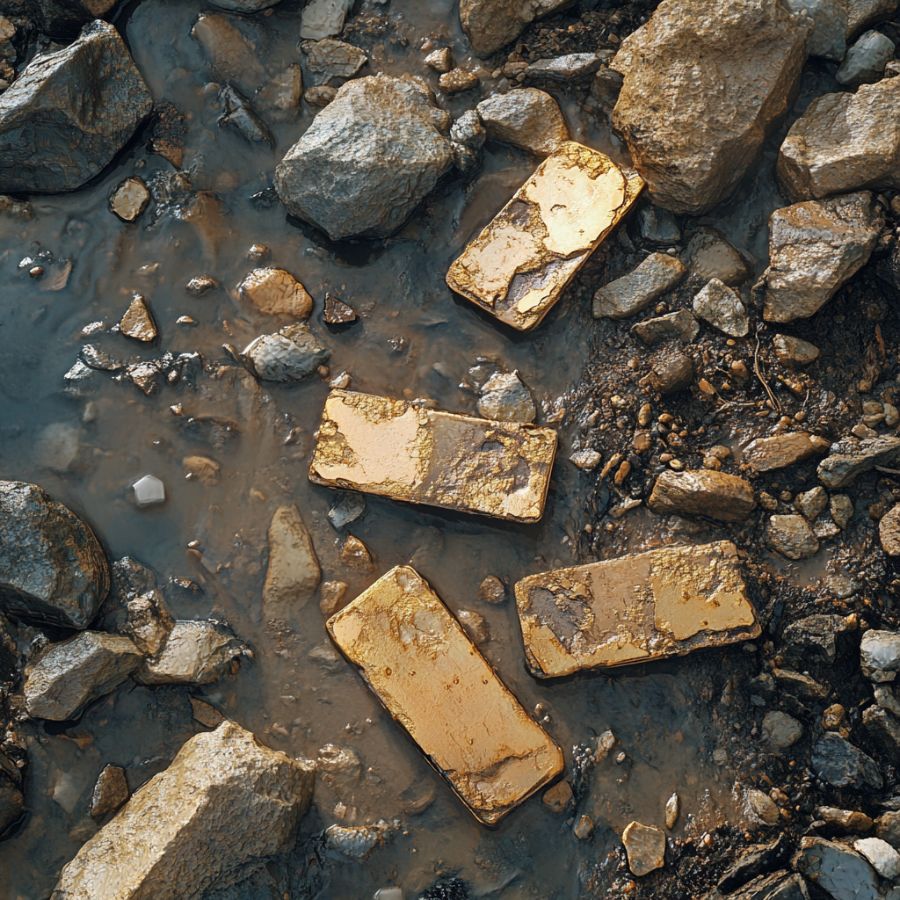 gold bars partially buried in mud