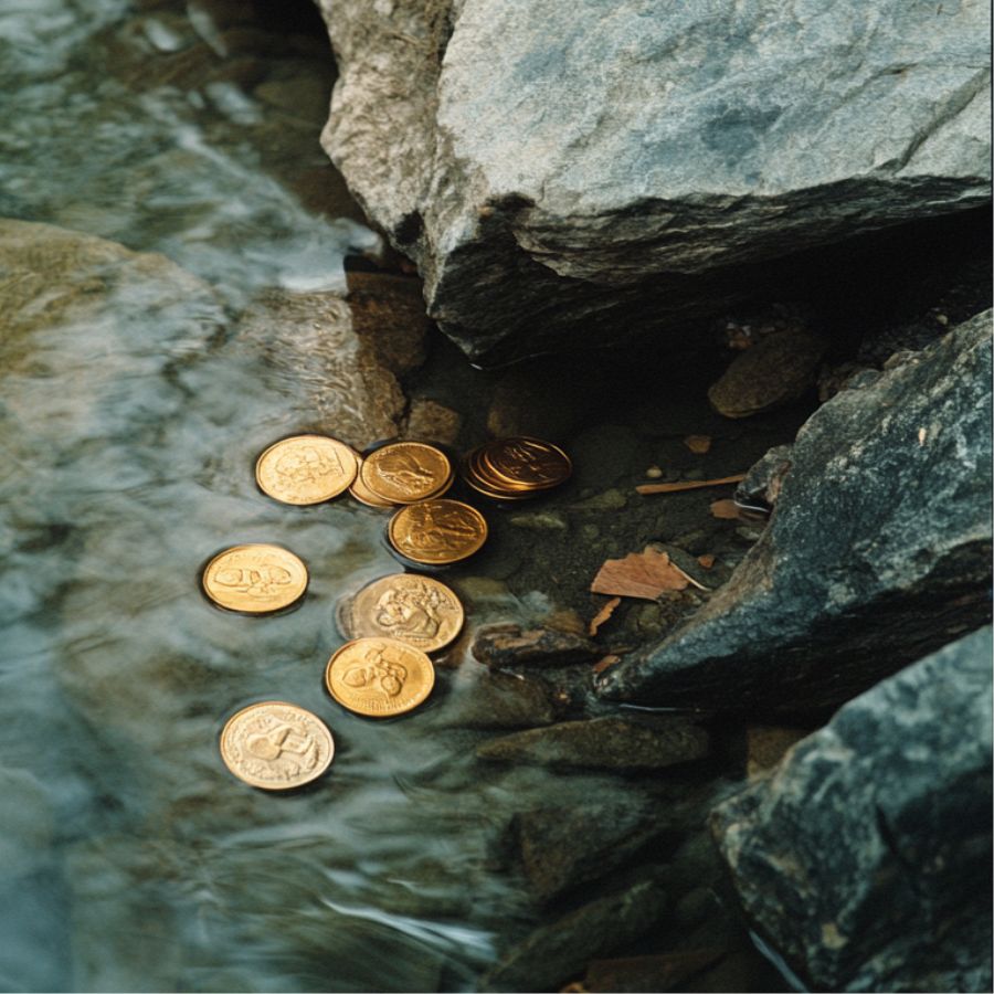 gold coins on rocks, partially submerged in water