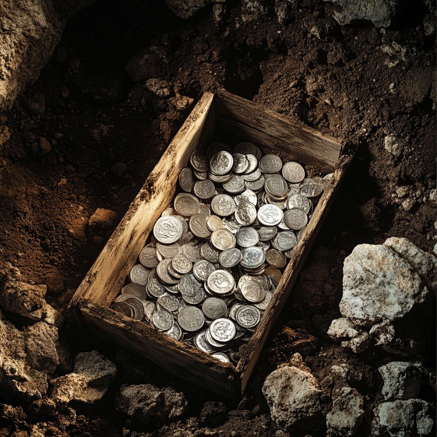 silver coins in a wooden crate buried in the ground