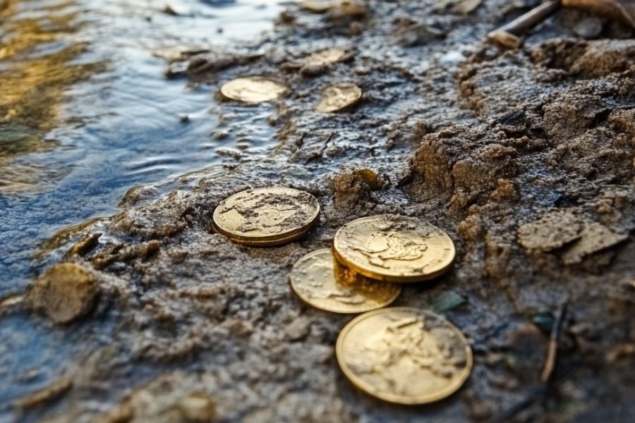 gold coins on a river bank