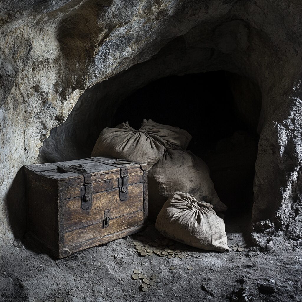 wooden chest and sacks in a dark cave