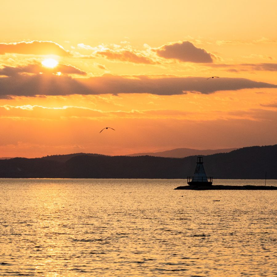 lake and shoreline in the sunset