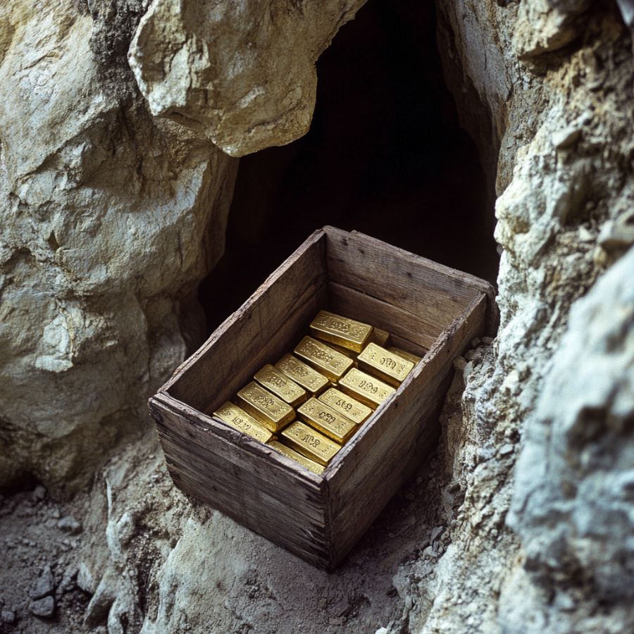 bars of gold in a wooden crate