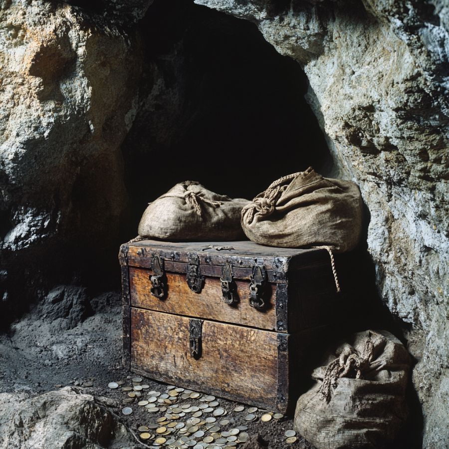 old wooden chest and sacks with gold and silver coins in a cave