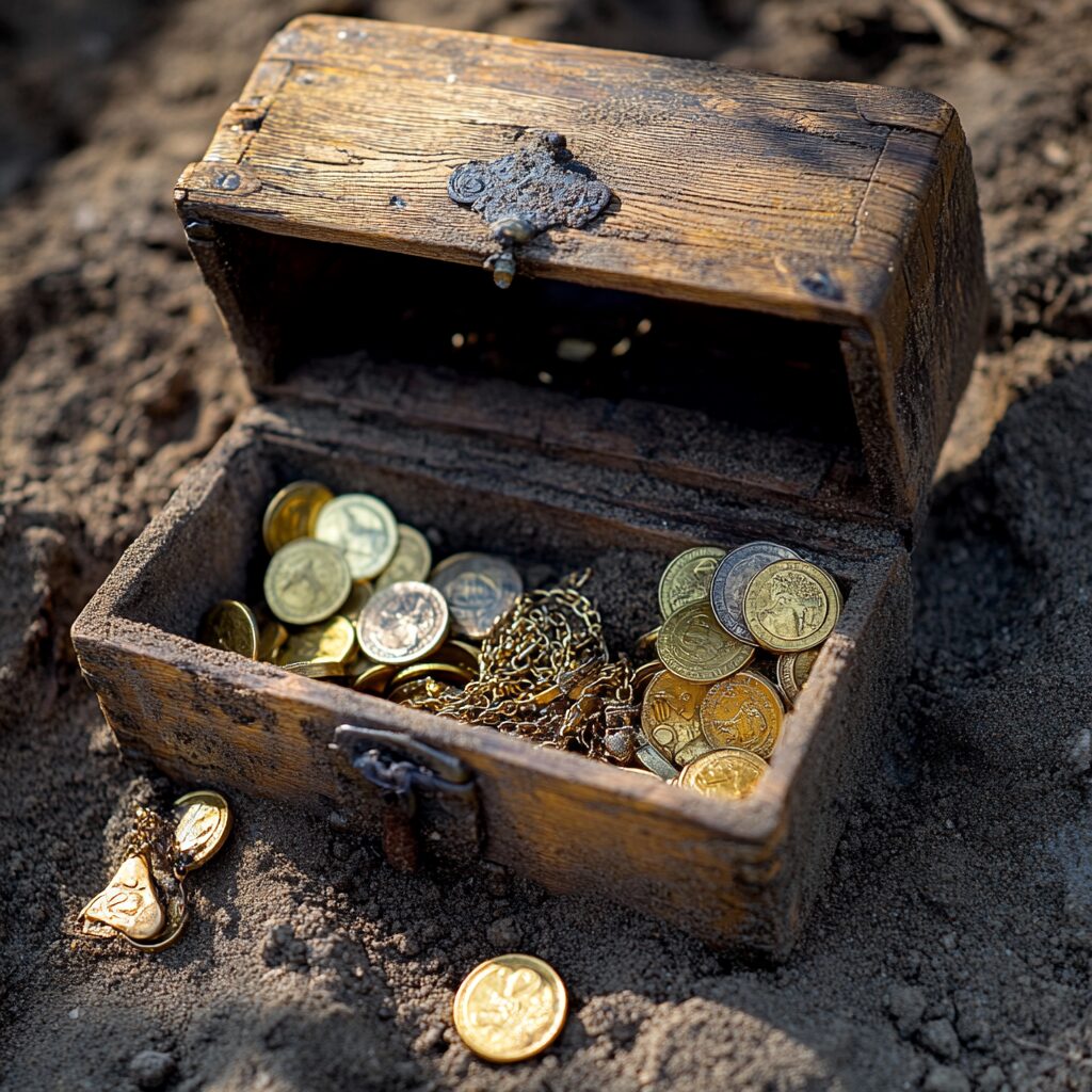 old wooden chest with gold coins and jewelry