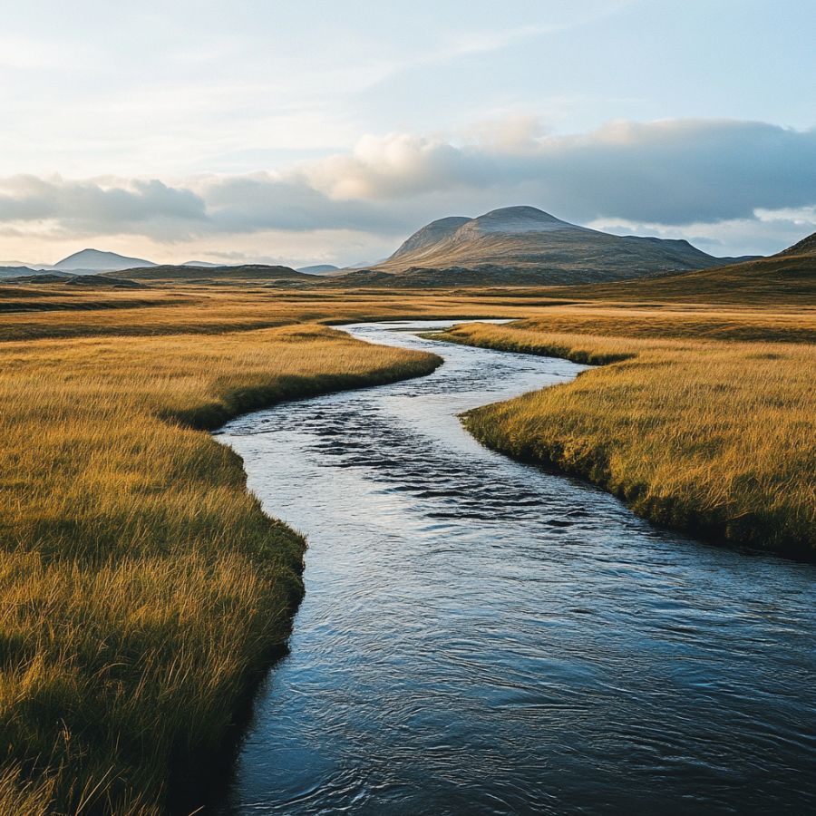 river meandering through flat grassy plains