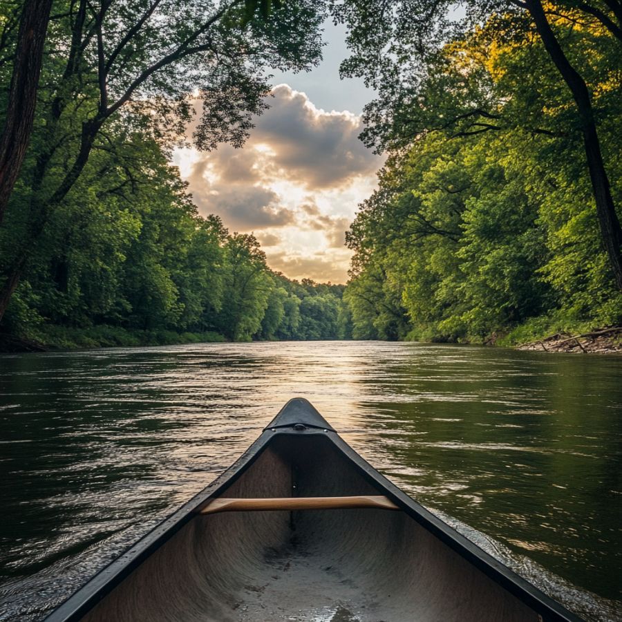 view from a canoe down a tree-lined river