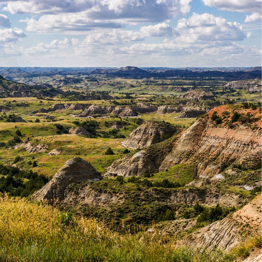 aerial view of the rock formations in North Dakota's badlands