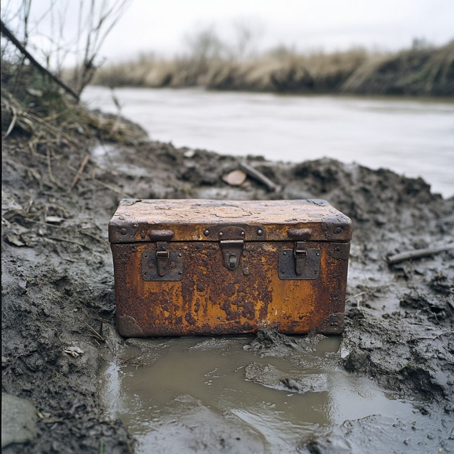 wooden chest in muddy river banks