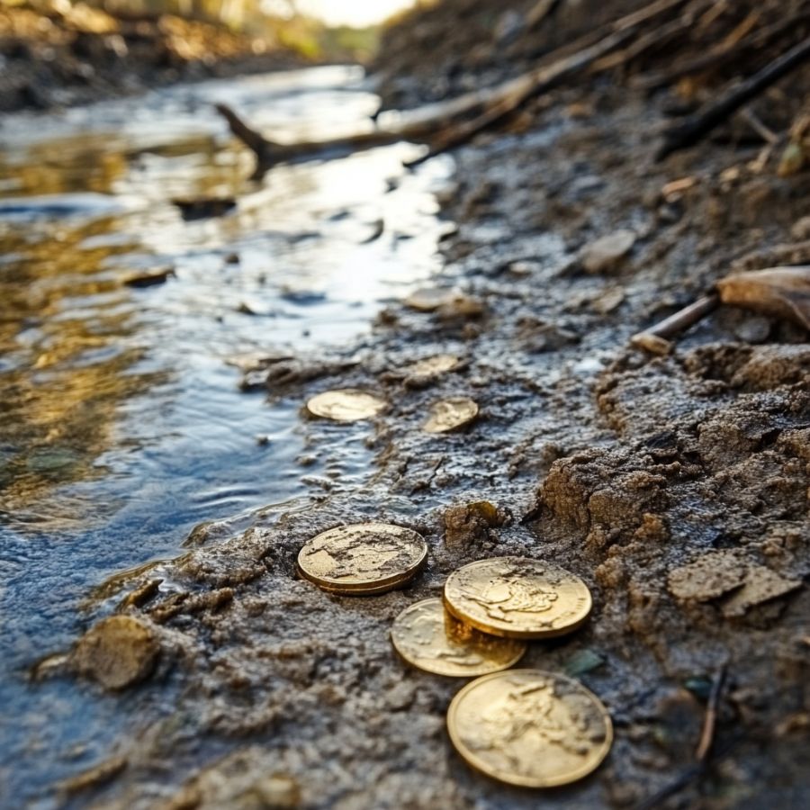 gold coins on a river bank