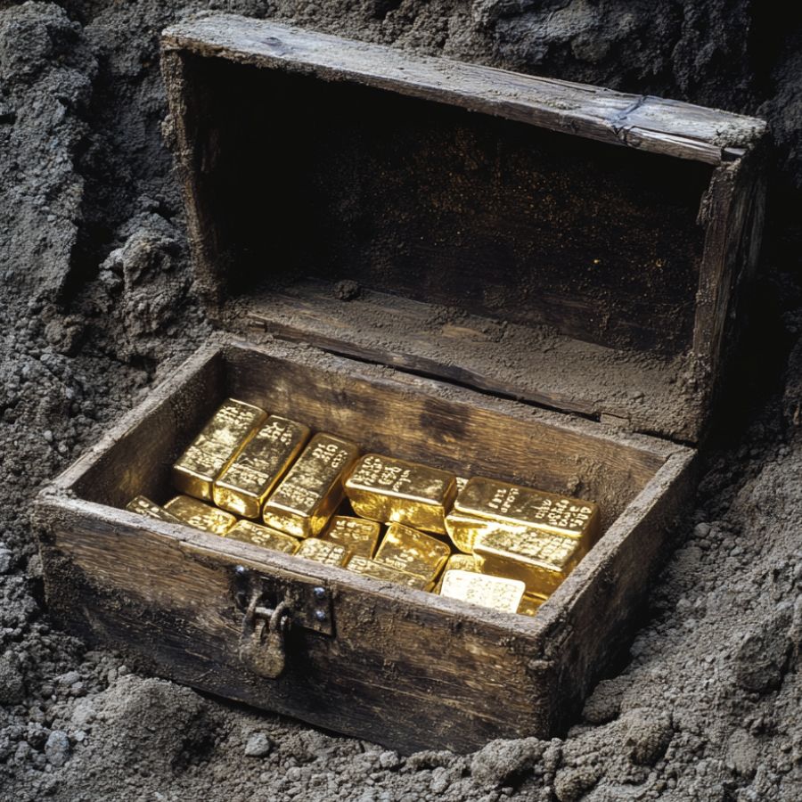 gold bars in a wooden chest buried in the ground