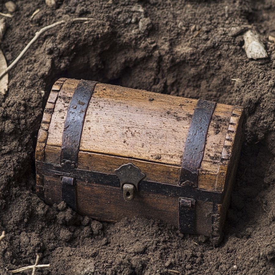 old wooden chest half-buried in the ground