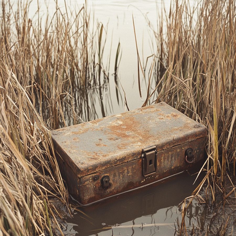 wooden chest in shallow water