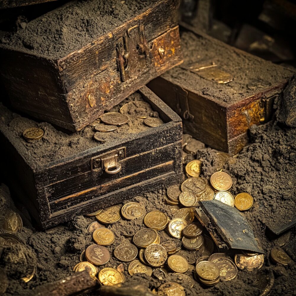 wooden chests of gold coins buried under the ground