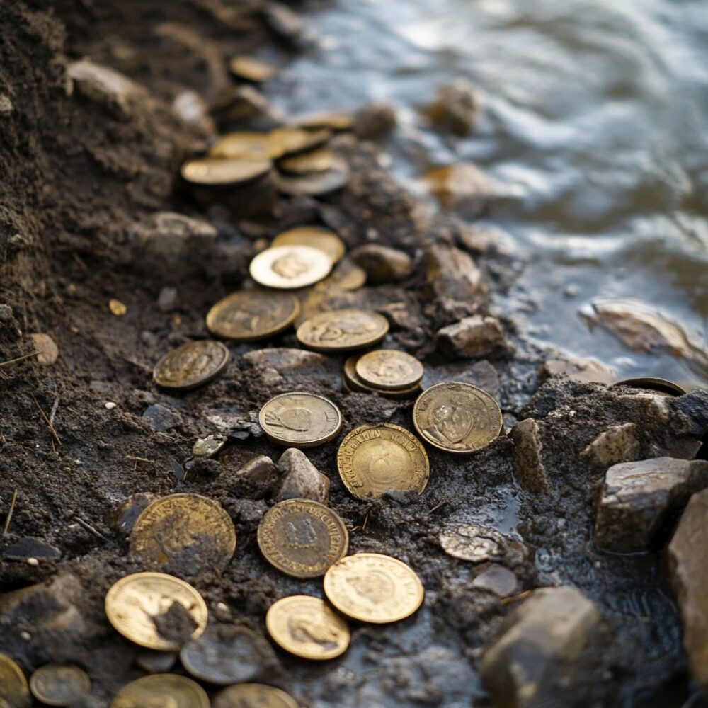 gold coins on muddy river banks