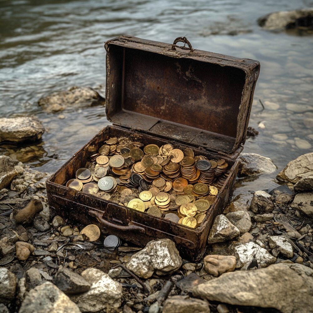 gold and silver coins in a wooden chest on a rocky river bank