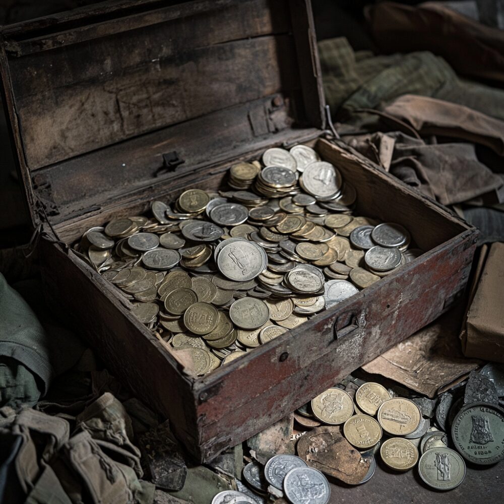 gold and silver coins in an antique wooden chest