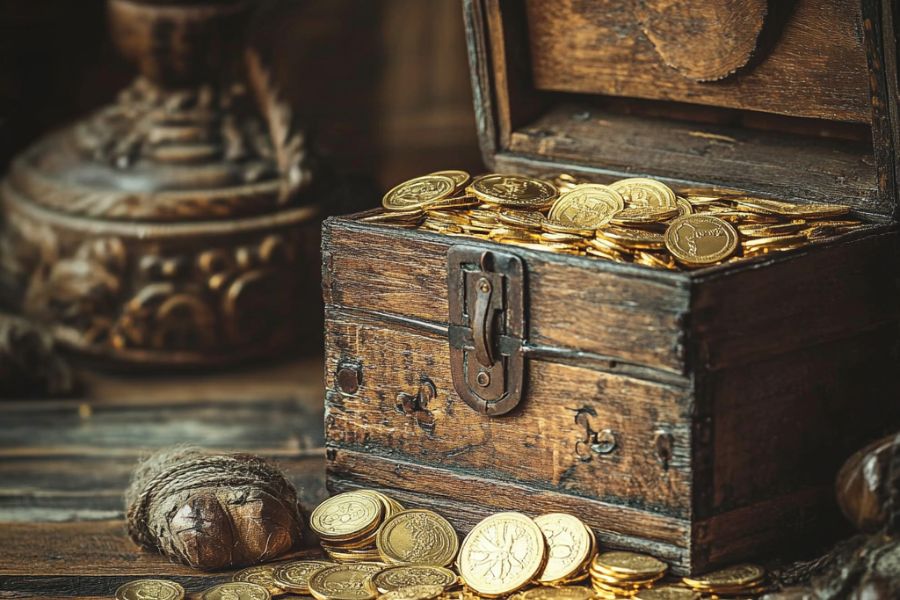 gold coins in a small wooden box