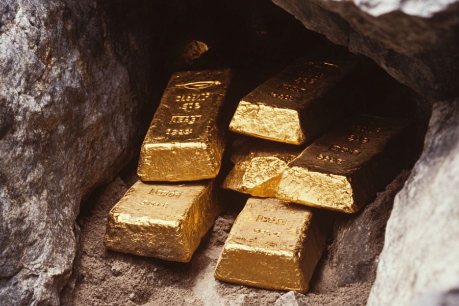 gold bars hidden in a rock crevice