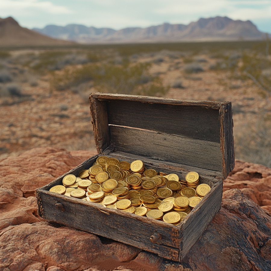 gold coins in a wooden box in the desert