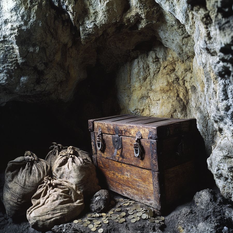 wooden chest and sacks in a rock crevice