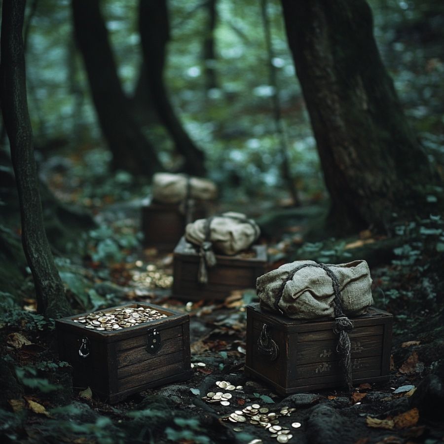 wooden chests and sacks with gold coins in the forest