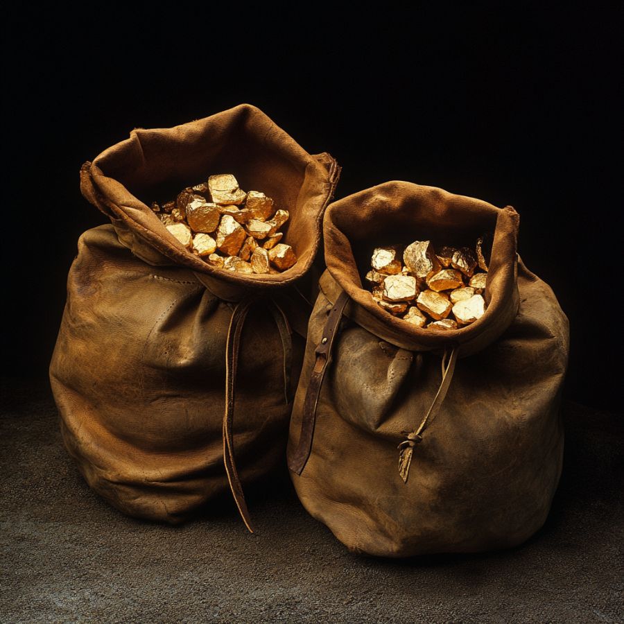 gold nuggets in two buckskin bags