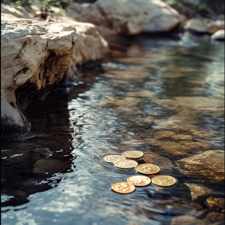 gold coins on river banks