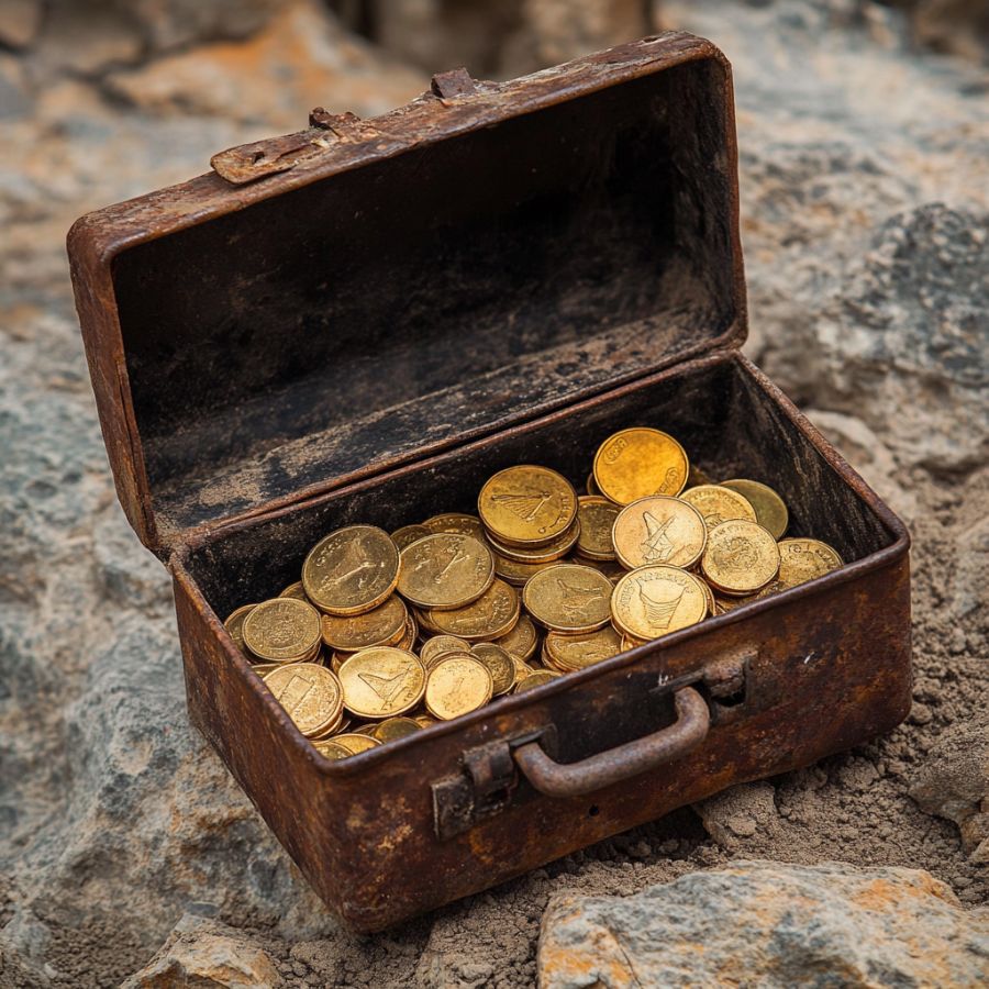 golden coins in a rusty metal chest