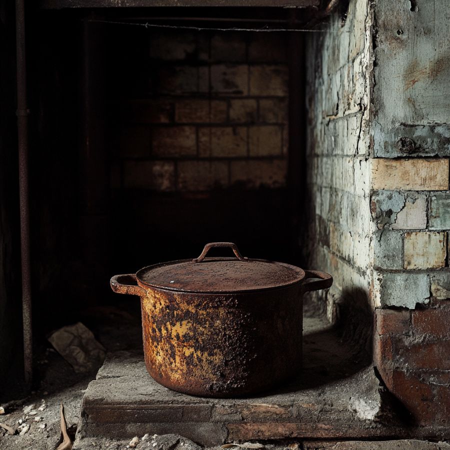 rusted old Dutch oven in a basement